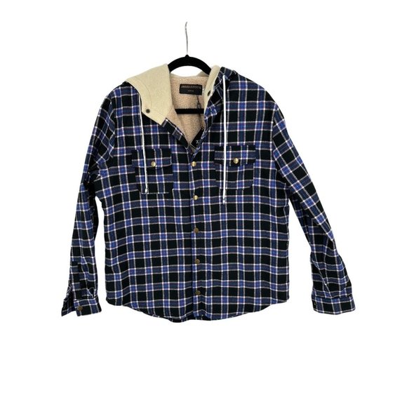 Women's Amber Krystal‎ Flannel Sherpa Plaid Hooded Jacket Snaps Drawstring Large - Picture 1 of 10